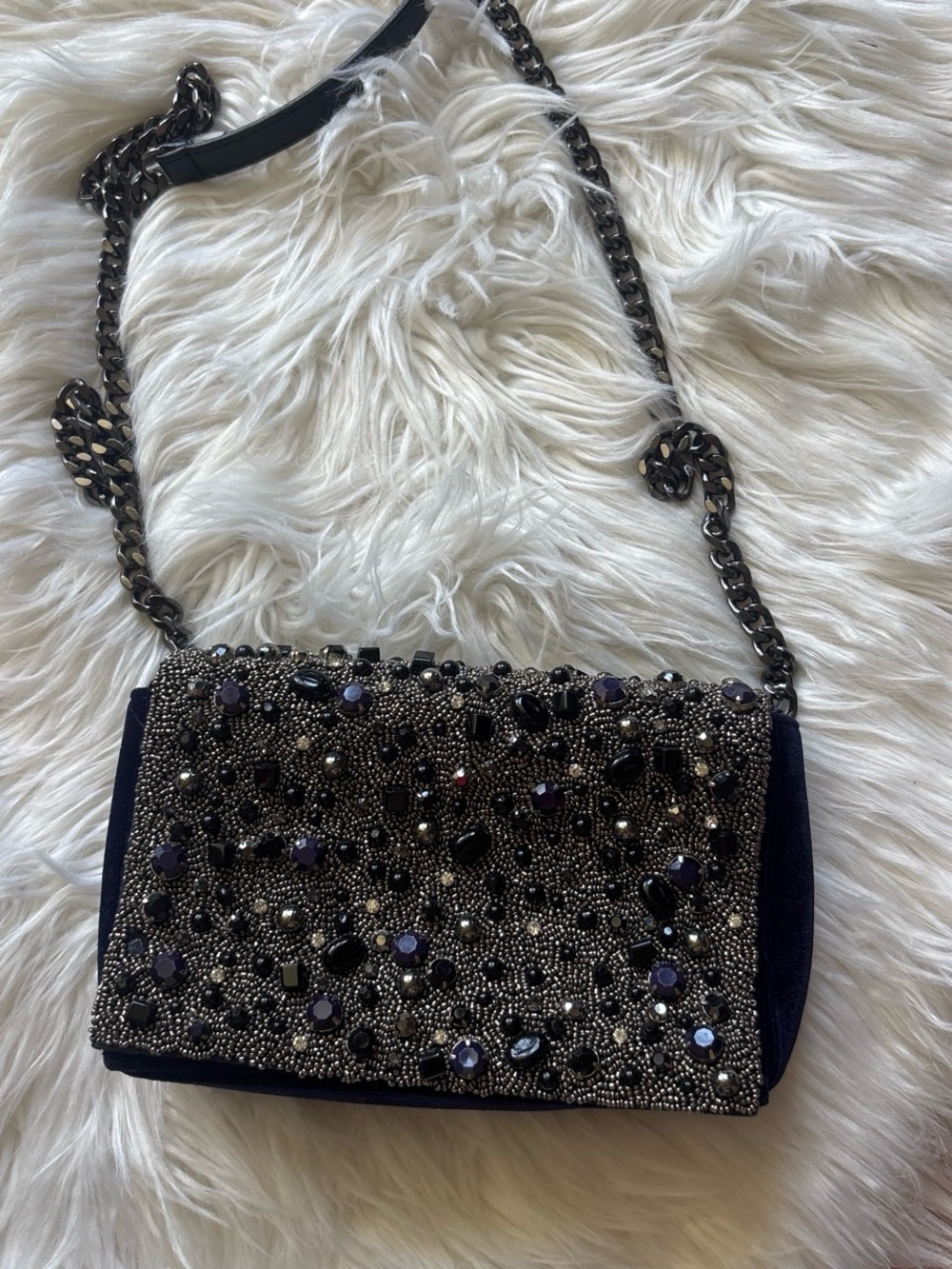 Zara Embellished Beaded Crossbody in Navy and Gunmetal